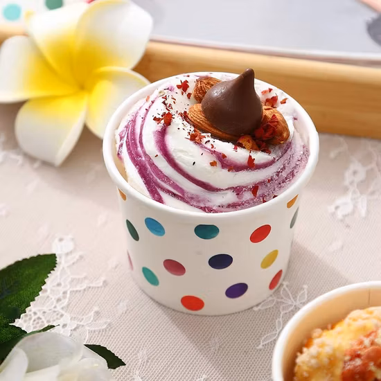Bol jetable de tasse de crème glacée de papier de yaourt glacé de revêtement de PE de Biodegrada écologique avec l'échantillon gratuit de couvercle en papier en plastique